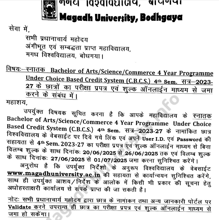 Magadh University UG 4th Semester Exam Form 2023-27:Apply Online For BA/BSC/BCOM All Details Here